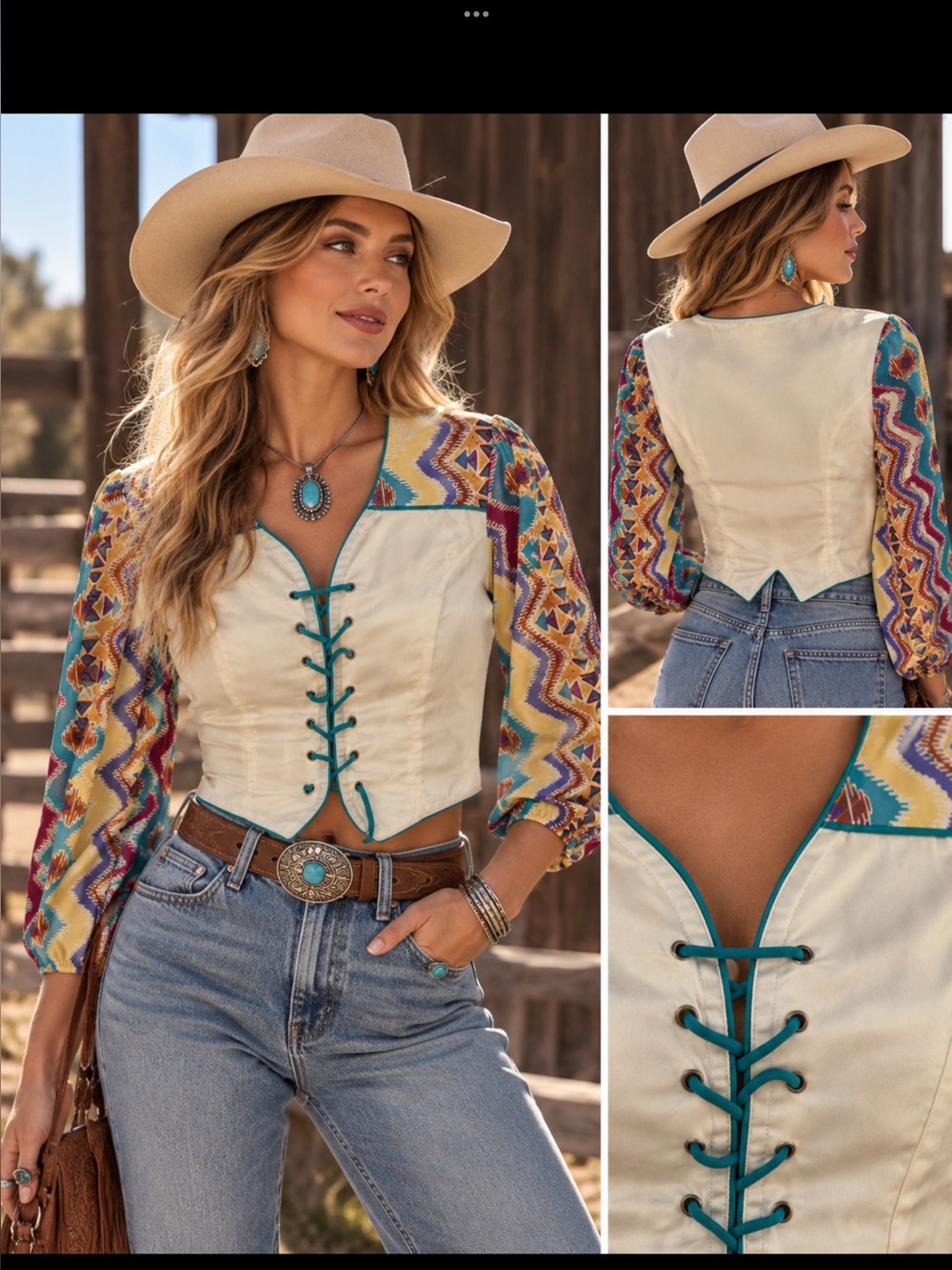 Vintage Panhandle Slim Western Corset Lace Up Shirt Southwestern Made USA
